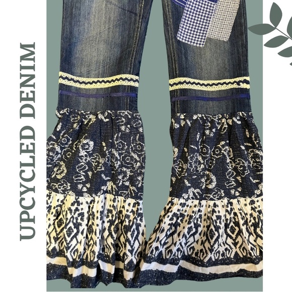 Upcycled Denim Bell Bottom Jeans Patchwork Ribbon Lace Blue Cream White Size 27 - Picture 5 of 8
